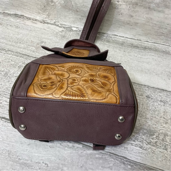 Tooled Leather Backpack Boho Western Mini Bag Purse Satchel VTG Purple Tan - Picture 8 of 9